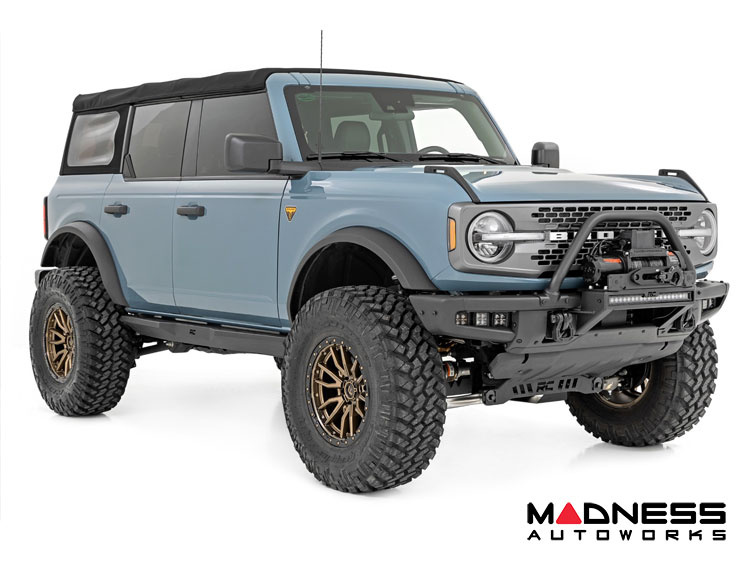 Ford Bronco Winch Mount - High Mount - OE Modular Bumper - Rough Country - PRO12000S Winch - Black Series White DRL LED